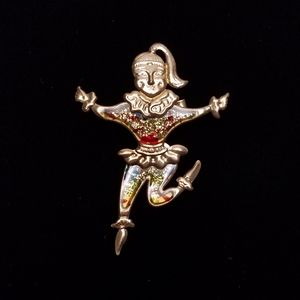 Girl Dancer Court Jester Clown Moving Brooch Multi Color Sparkle Vintage Taiwan